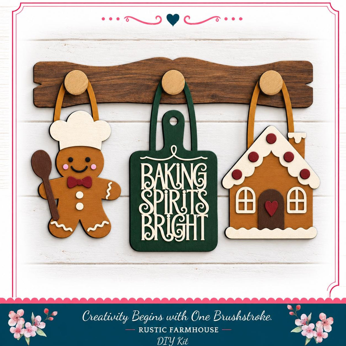 a rustic farmhouse-style kitchen scene with a wooden spoon, a green cutting board with the phrase "Baking Spices Bright", and a gingerbread house.