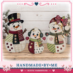 A collage of three handmade snowman decorations, each with unique features and accessories, displayed on a wooden surface.