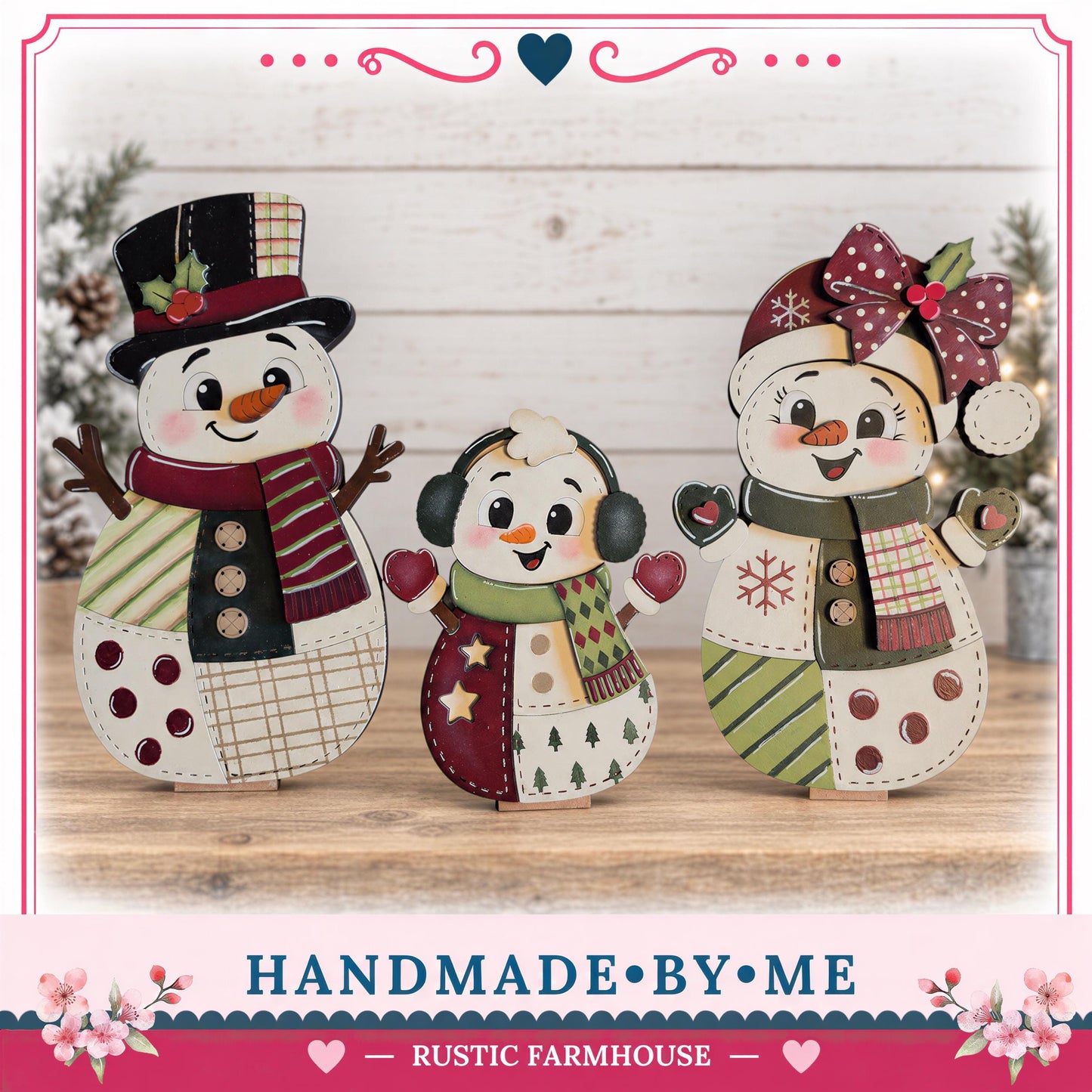 A collage of three handmade snowman decorations, each with unique features and accessories, displayed on a wooden surface.