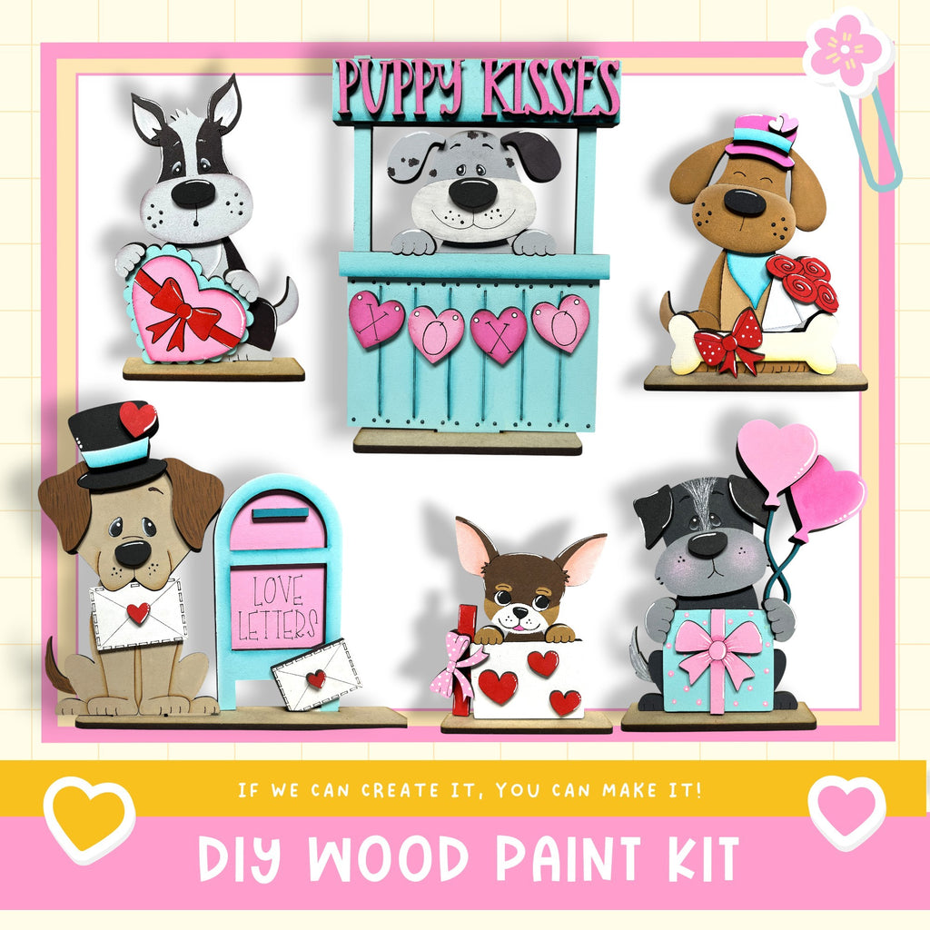 The image is a collage of six wooden paint kits featuring various cartoon dog characters, including a puppy kissing booth, a dog with a heart-shaped sign, and other playful designs.