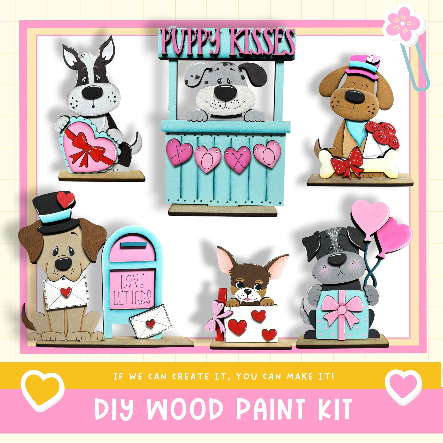 The image is a collage of six wooden paint kits featuring various cartoon dog characters, including a puppy kissing booth, a dog with a heart-shaped sign, and other playful designs.