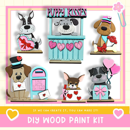The image is a collage of six wooden paint kits featuring various cartoon dog characters, including a puppy kissing booth, a dog with a heart-shaped sign, and other playful designs.