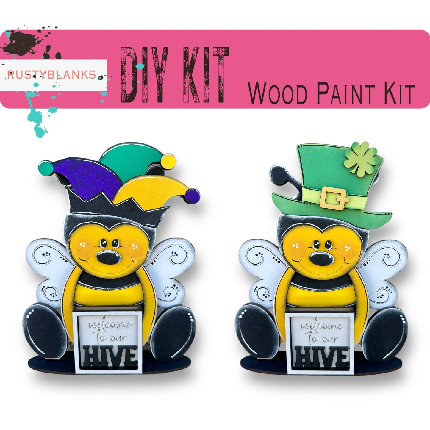 a pair of wooden paint kits with a bear wearing a top hat