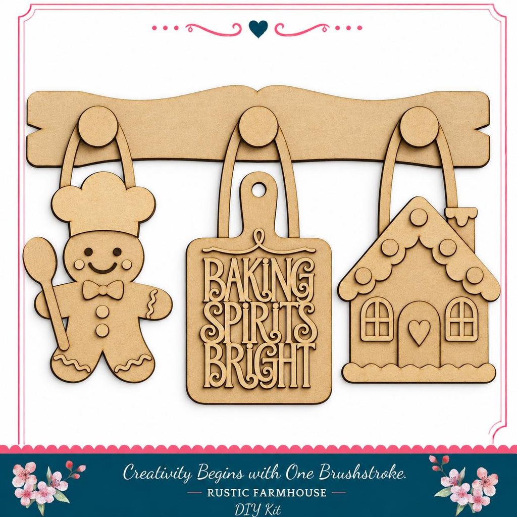 a DIY kit for creating wooden kitchen accessories, including a gingerbread man, a cutting board, and a house.