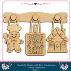 a DIY kit for creating wooden kitchen accessories, including a gingerbread man, a cutting board, and a house.