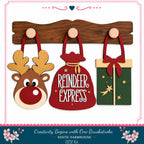a rustic farmhouse-style DIY kit for creating Christmas decorations, including a reindeer, a gift bag, and a gift box.
