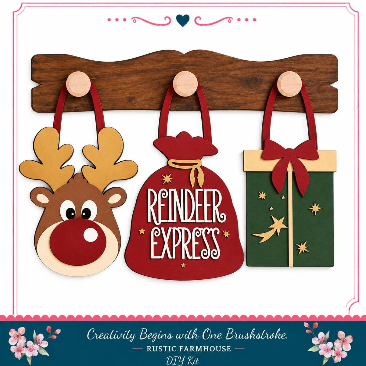 a rustic farmhouse-style DIY kit for creating Christmas decorations, including a reindeer, a gift bag, and a gift box.