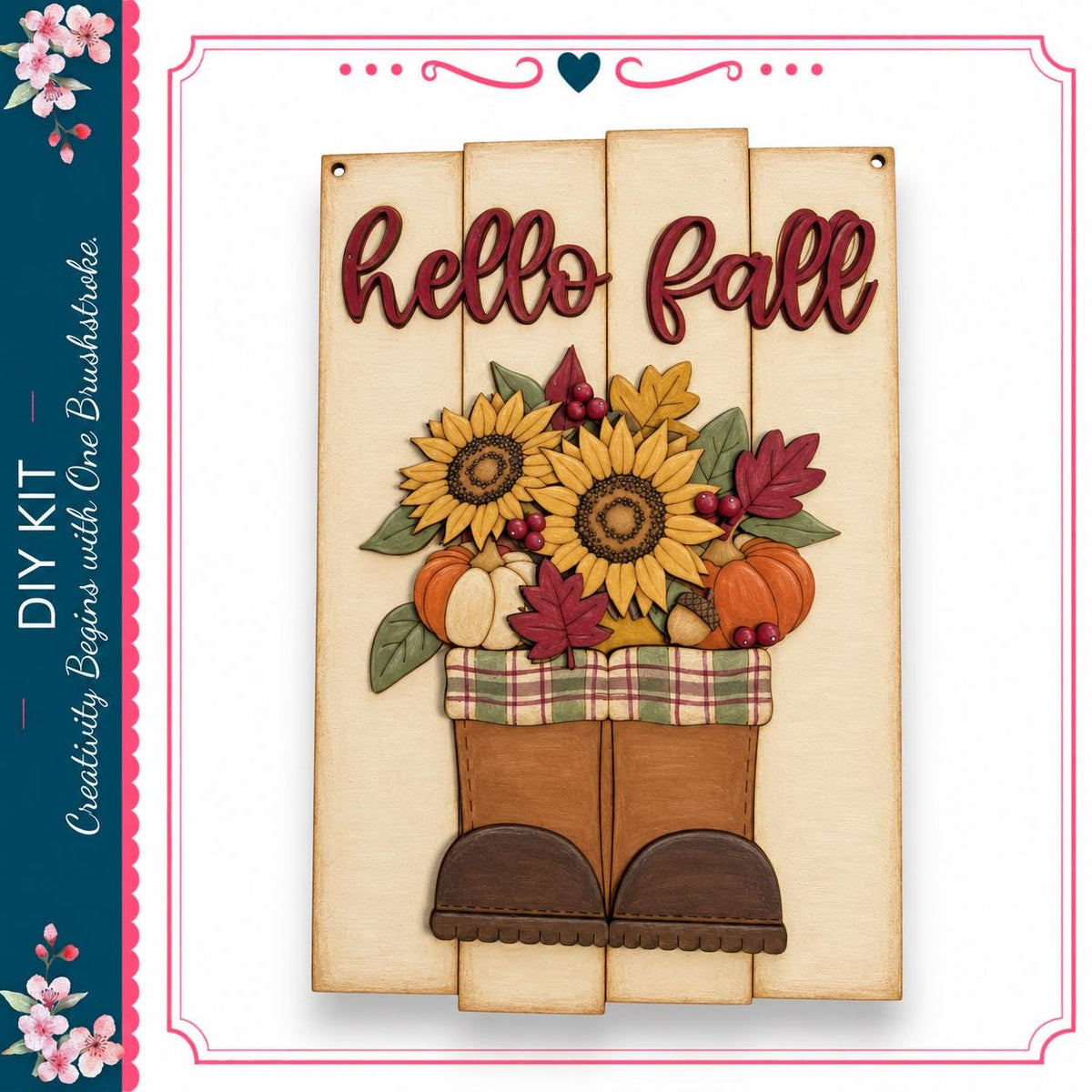 a wooden sign with the text "Hello Fall" and a decorative arrangement of sunflowers, pumpkins, and leaves.