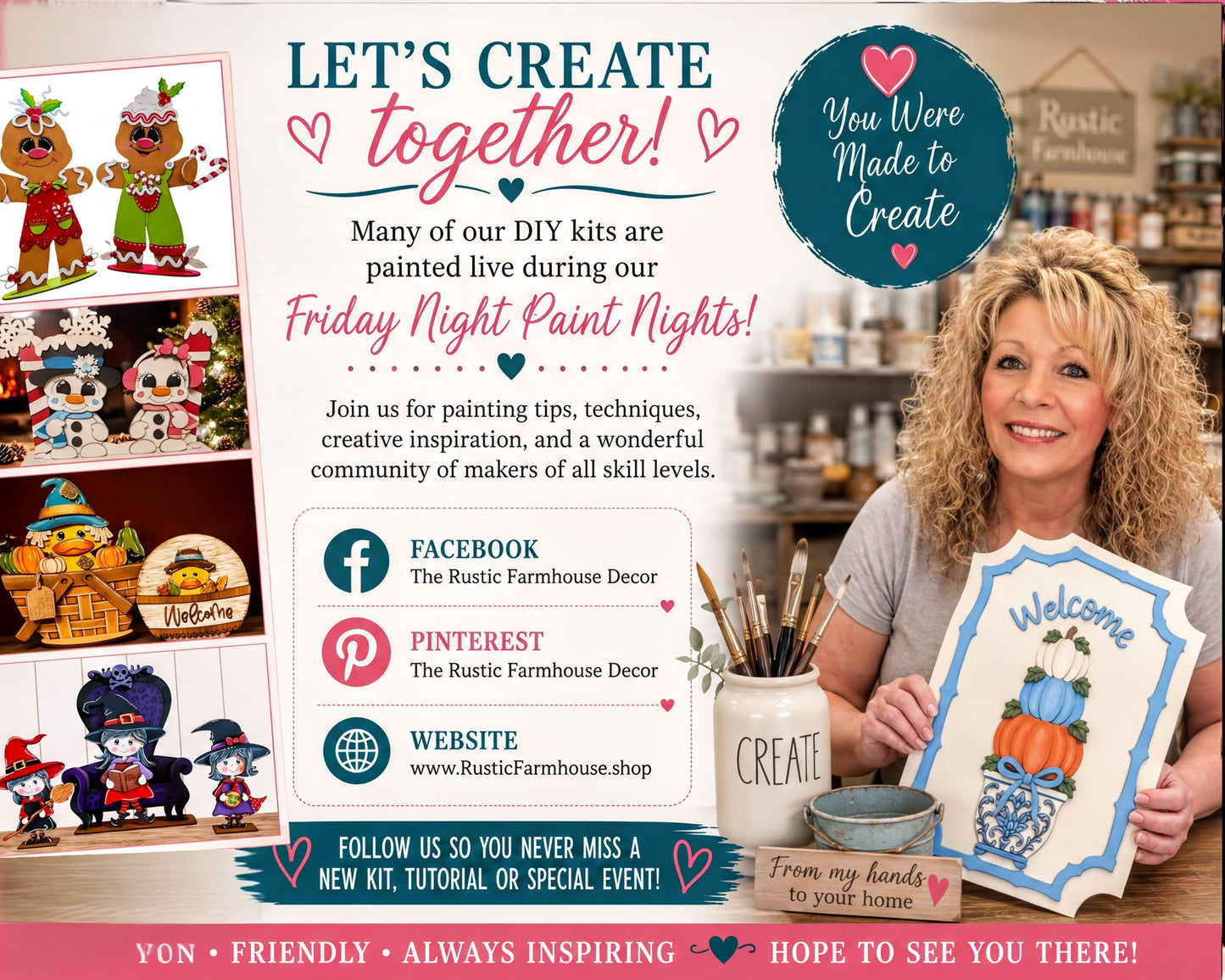 The image is a promotional poster for a crafting event called "Friday Night Paint Nights", featuring a smiling woman holding a sign with a pumpkin and other fall-themed decorations. The poster includes text and images related to the event, such as DIY kits, social media links, and a welcoming message.