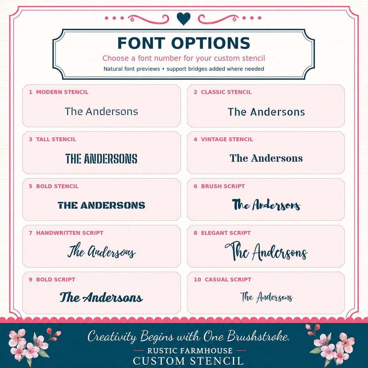 the font options for a wedding info sheet
