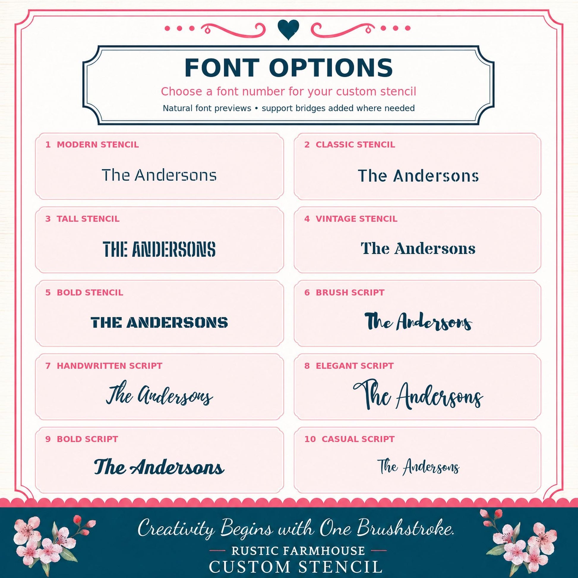 the font options for a wedding info sheet