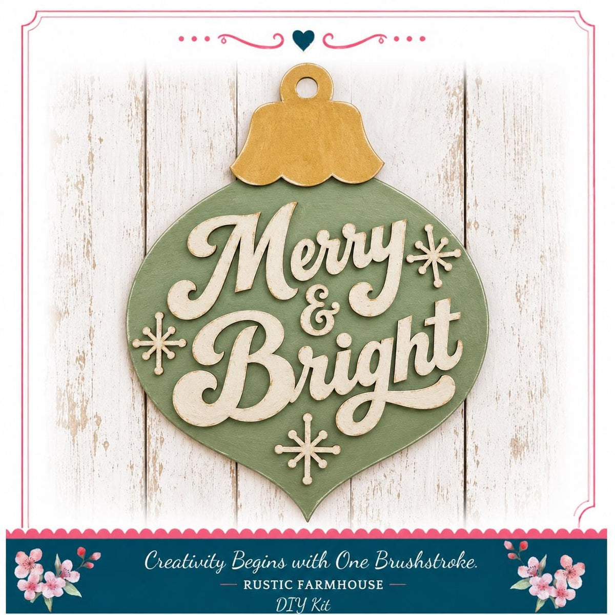A green ornament with the text "Merry & Bright" and snowflake decorations, placed on a white wooden background.