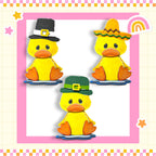 A collage of three cartoon duck characters wearing different hats, including a black top hat, a sombrero, and a green hat with a gold buckle.