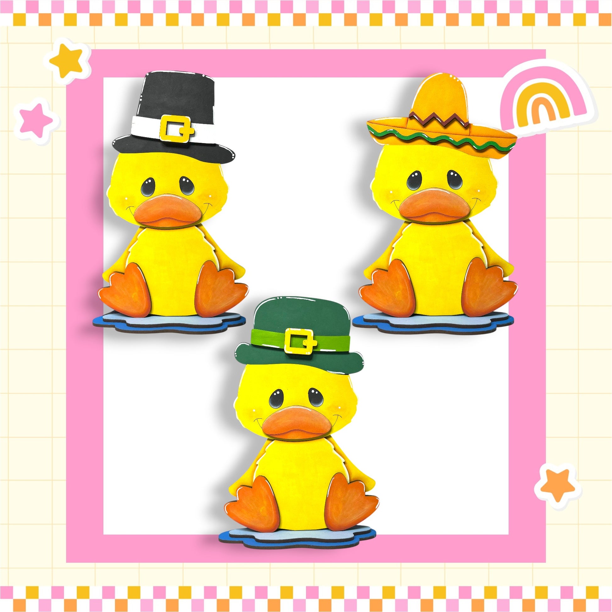 A collage of three cartoon duck characters wearing different hats, including a black top hat, a sombrero, and a green hat with a gold buckle.