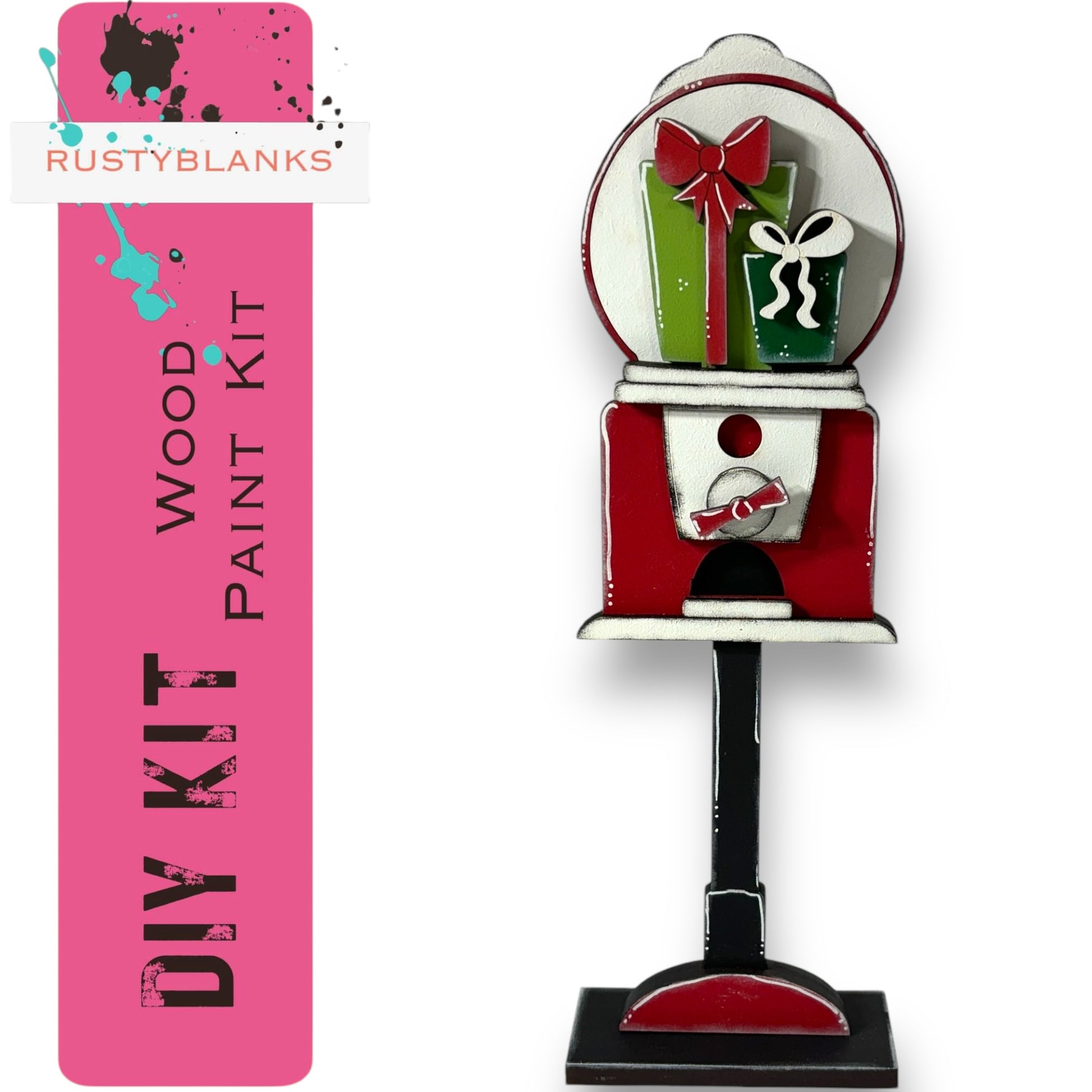 A DIY paint kit for creating a wooden paint box with a painted design, including a red and white color scheme and a bow on top.