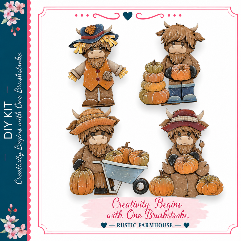 The image is a collage of four images depicting four cartoon cows, each holding a pumpkin. The cows are wearing hats and are arranged in a square formation. The image includes text that reads "DIY KIT Creativity Begins with One Brushstroke - RUSTIC FARMHOUSE" and "Creativity Begins with One Brushstroke".
