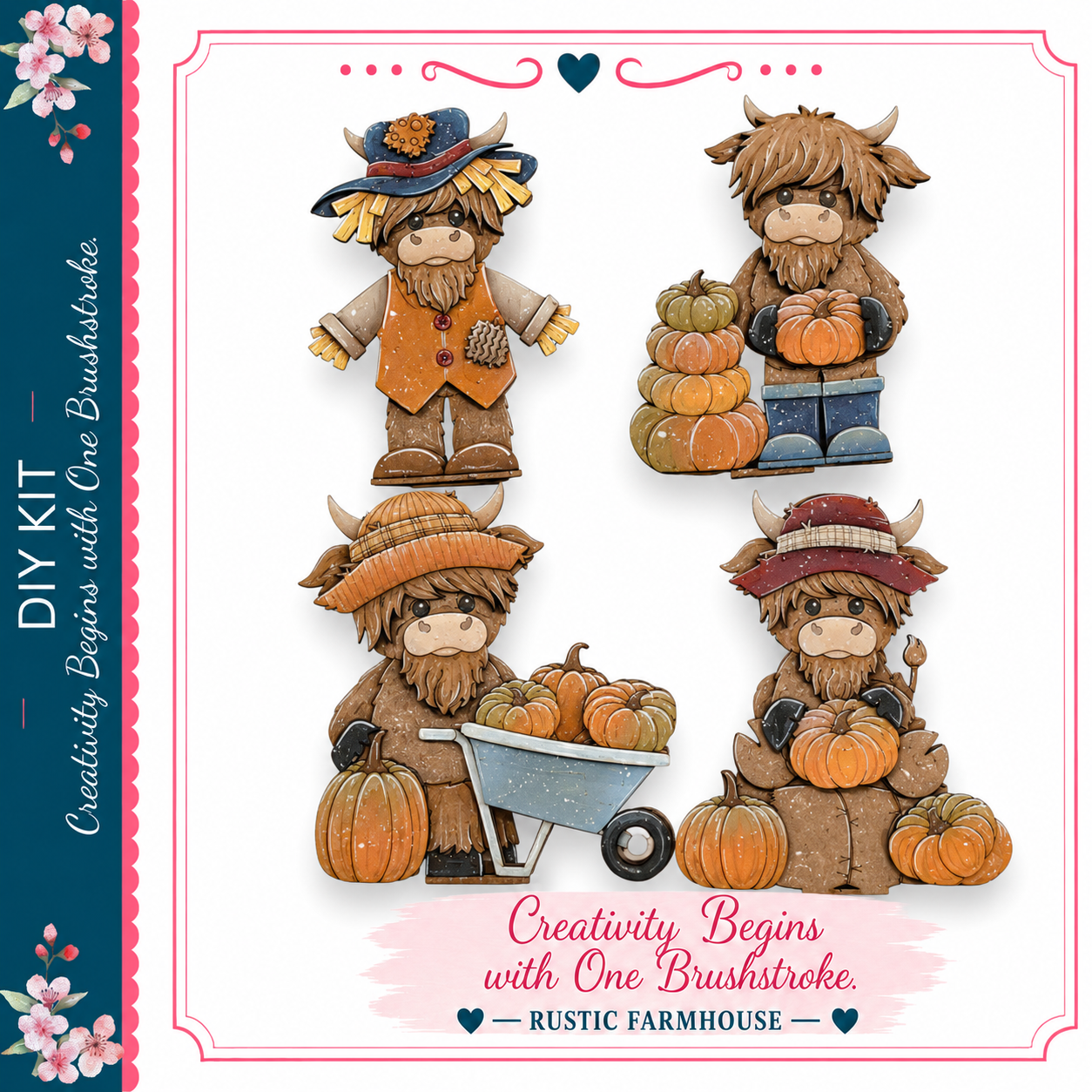 The image is a collage of four images depicting four cartoon cows, each holding a pumpkin. The cows are wearing hats and are arranged in a square formation. The image includes text that reads "DIY KIT Creativity Begins with One Brushstroke - RUSTIC FARMHOUSE" and "Creativity Begins with One Brushstroke".