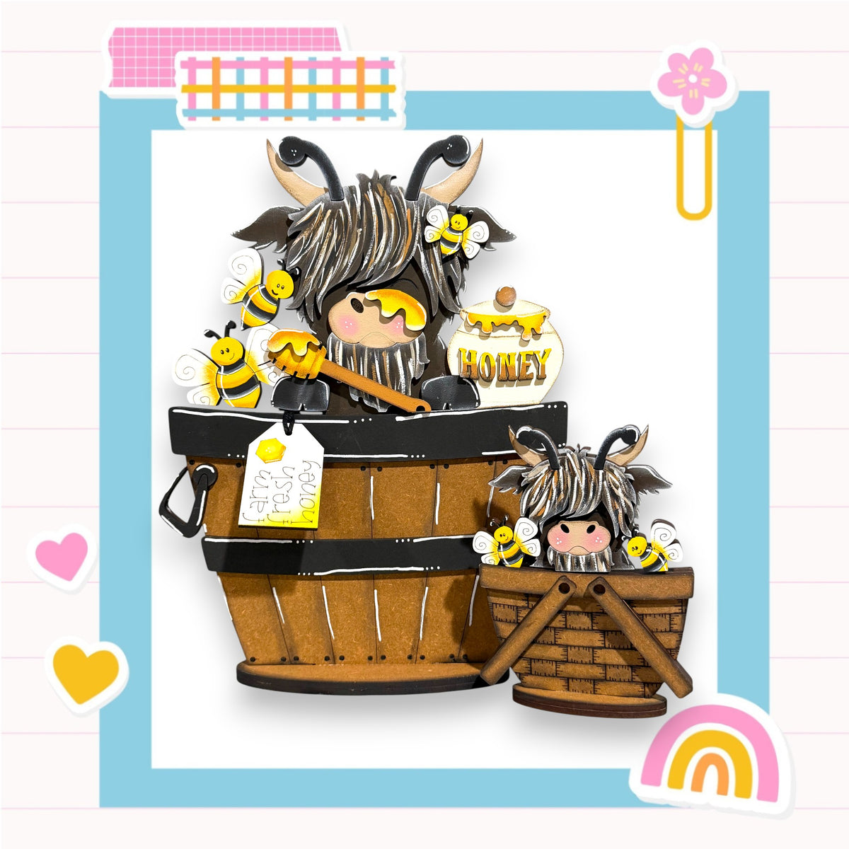 A whimsical illustration featuring a cow with a honeycomb-like design on its head, surrounded by various objects such as a wooden barrel, a basket, and a bee.