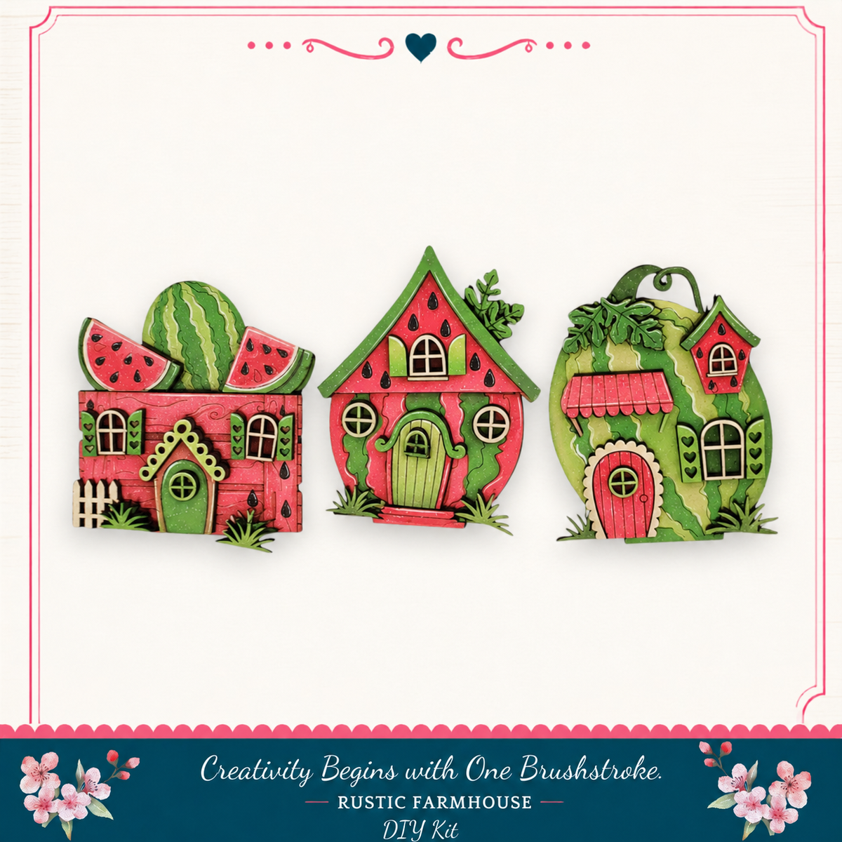 three whimsical, colorful houses made of wood, each with unique designs and decorations.