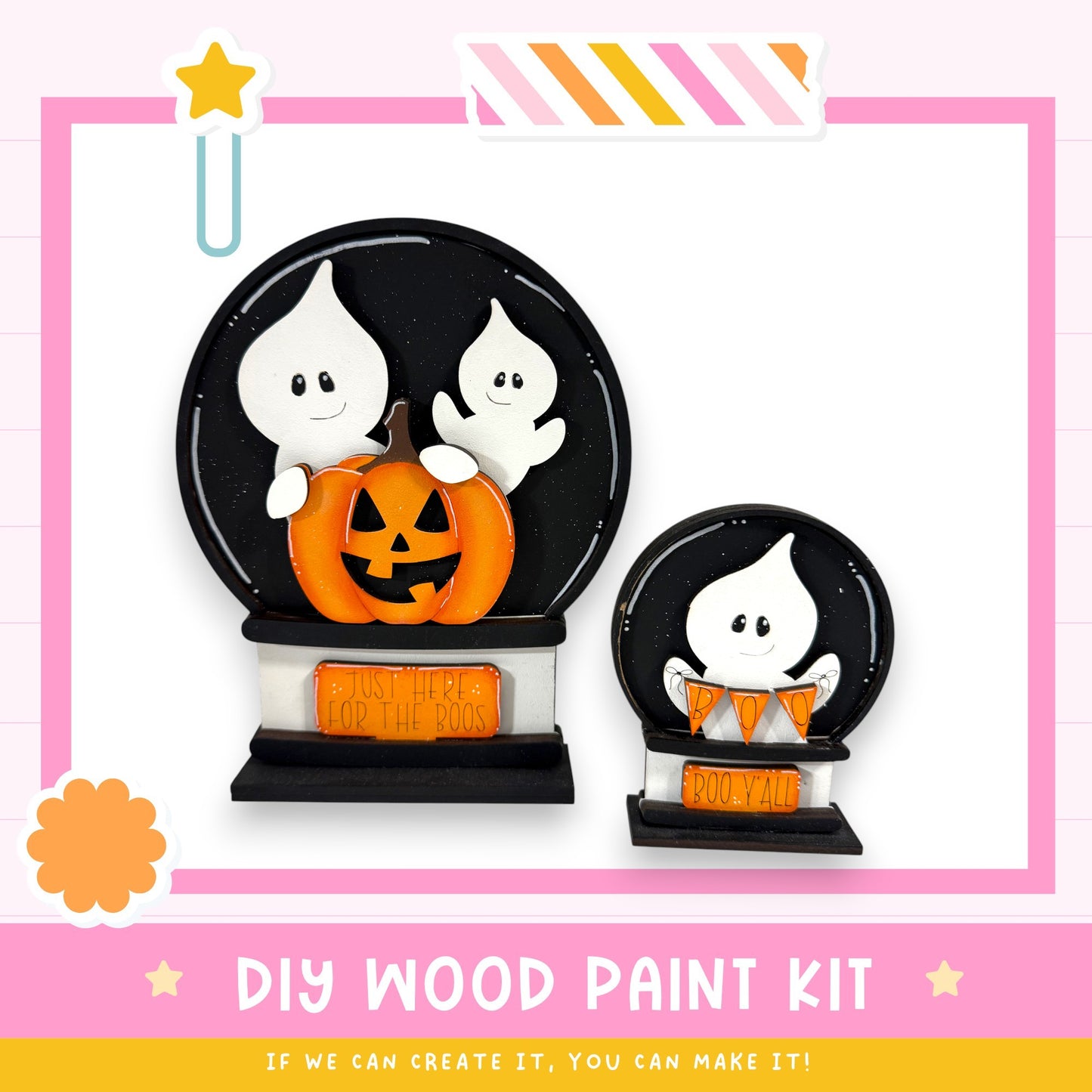 a DIY wood paint kit for creating Halloween decorations, including a carved pumpkin and ghost-shaped objects.