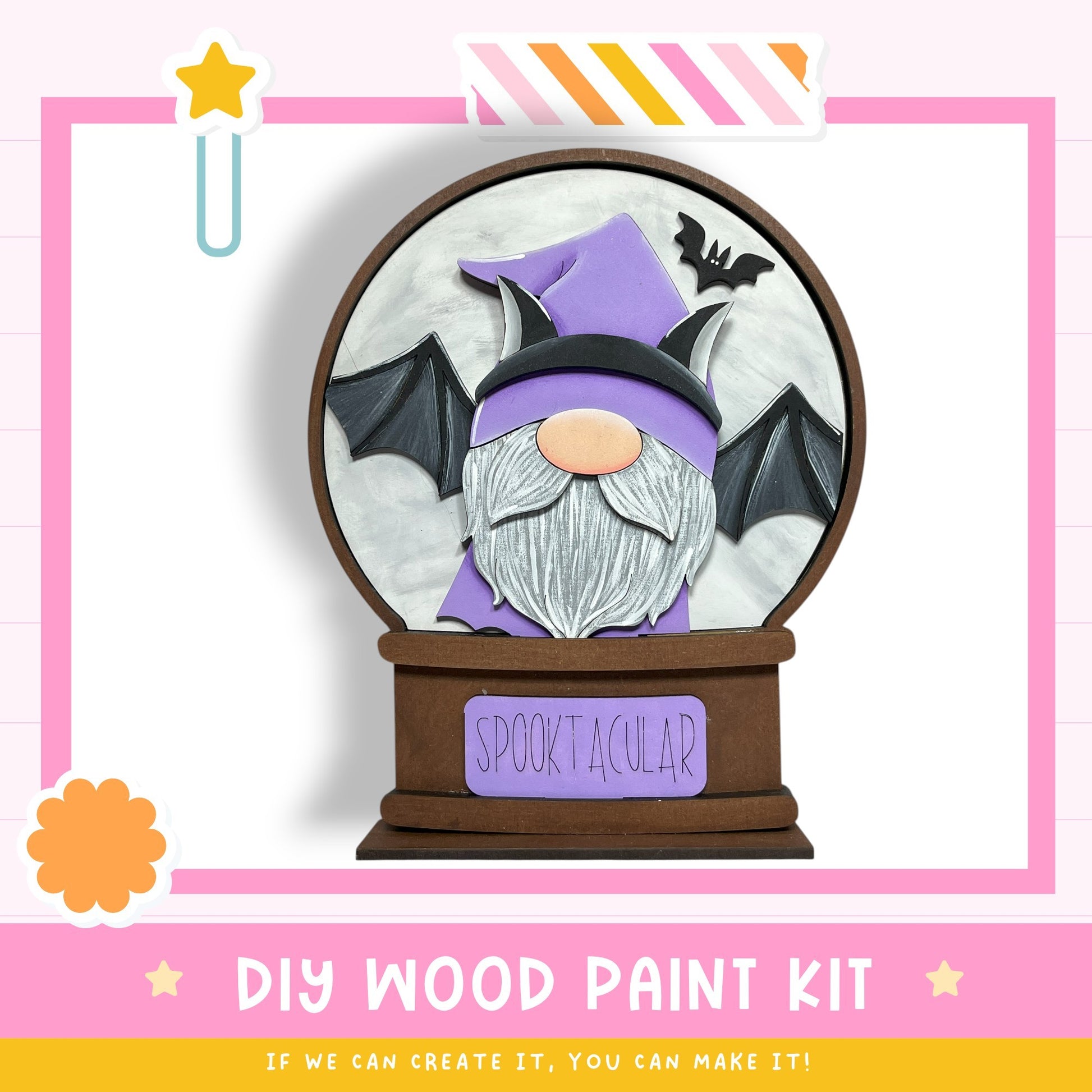 a DIY wood paint kit for creating a spooky gnome-themed decoration, with a gnome wearing a purple hat and holding a bat.