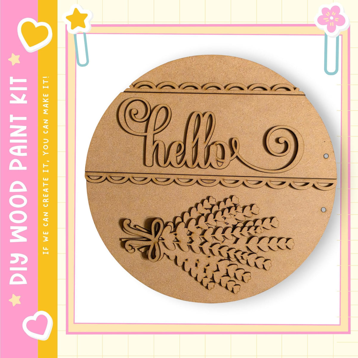 a wooden paint kit with a round wooden plaque that has the word "Hello" carved into it. The plaque also has a decorative design on it.