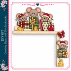 A festive scene featuring a group of cartoon mice wearing Santa hats and holding presents, with a shelf of cheese and other holiday decorations.