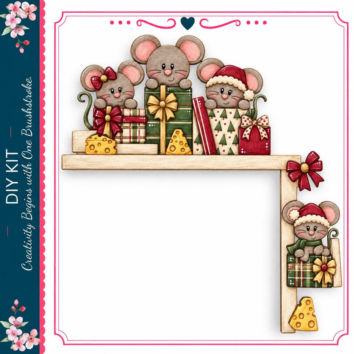 A festive scene featuring a group of cartoon mice wearing Santa hats and holding presents, with a shelf of cheese and other holiday decorations.