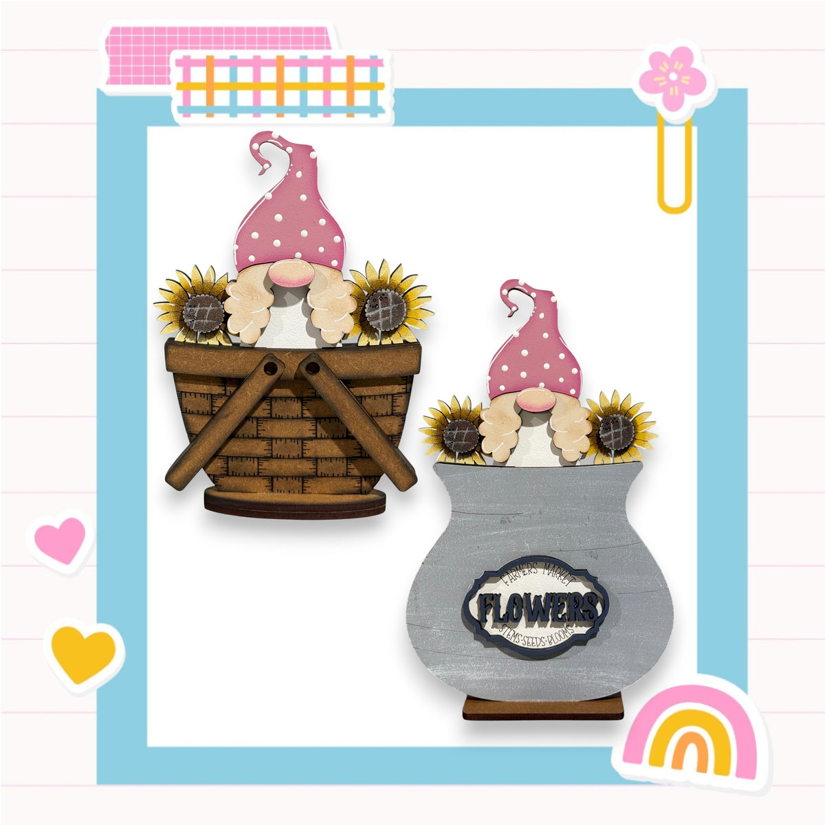 two gnome figurines, each holding a basket filled with sunflowers and a sign that reads "FLOWERS". The baskets are made of wood and have a rustic appearance. The gnomes are wearing pink hats with polka dots, adding a whimsical touch to the scene. The background of the image is a light blue color, which complements the overall aesthetic.