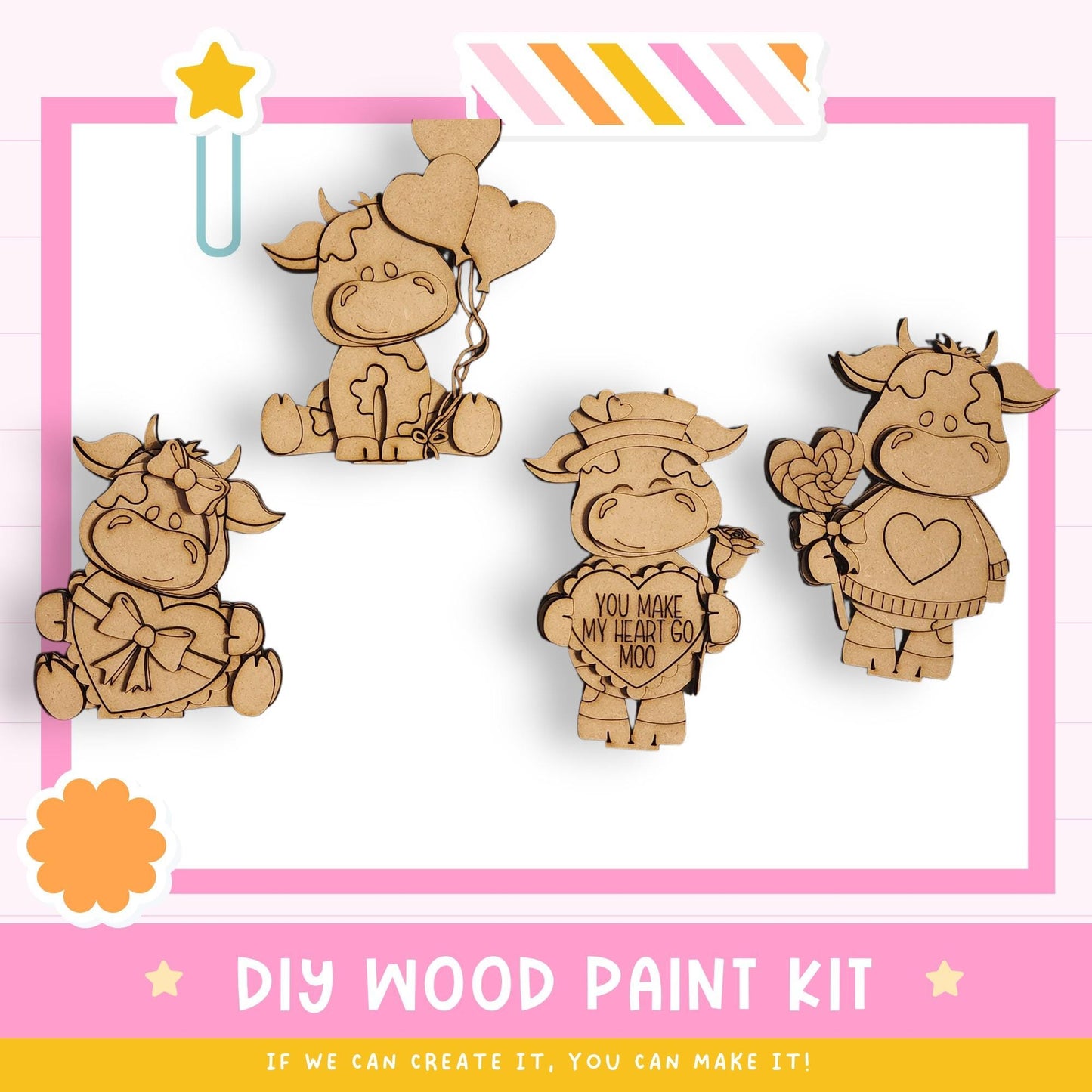 The image is a promotional poster for a DIY wood paint kit, featuring four wooden cow or animal figurines in various poses and holding different objects, such as balloons and flowers.