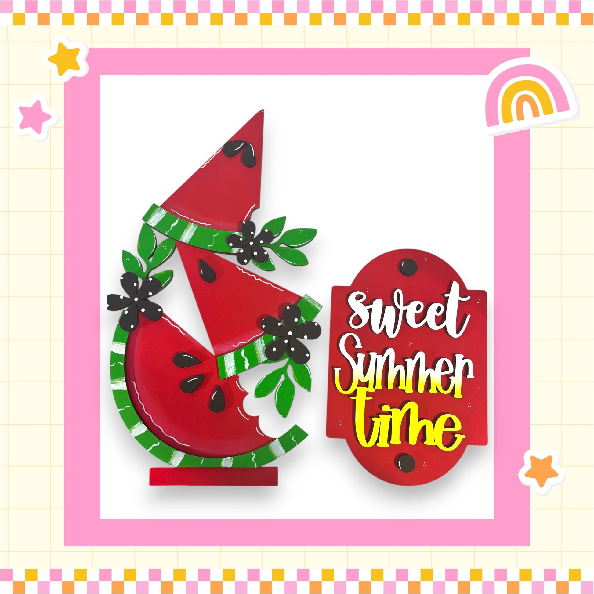 a watermelon-themed design with a red watermelon slice and green leaves, set against a pink and yellow checkered background.