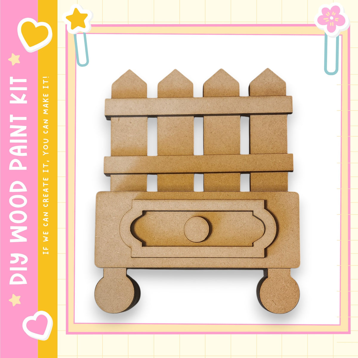 A wooden toy chest with a drawer, designed as a DIY paint kit.
