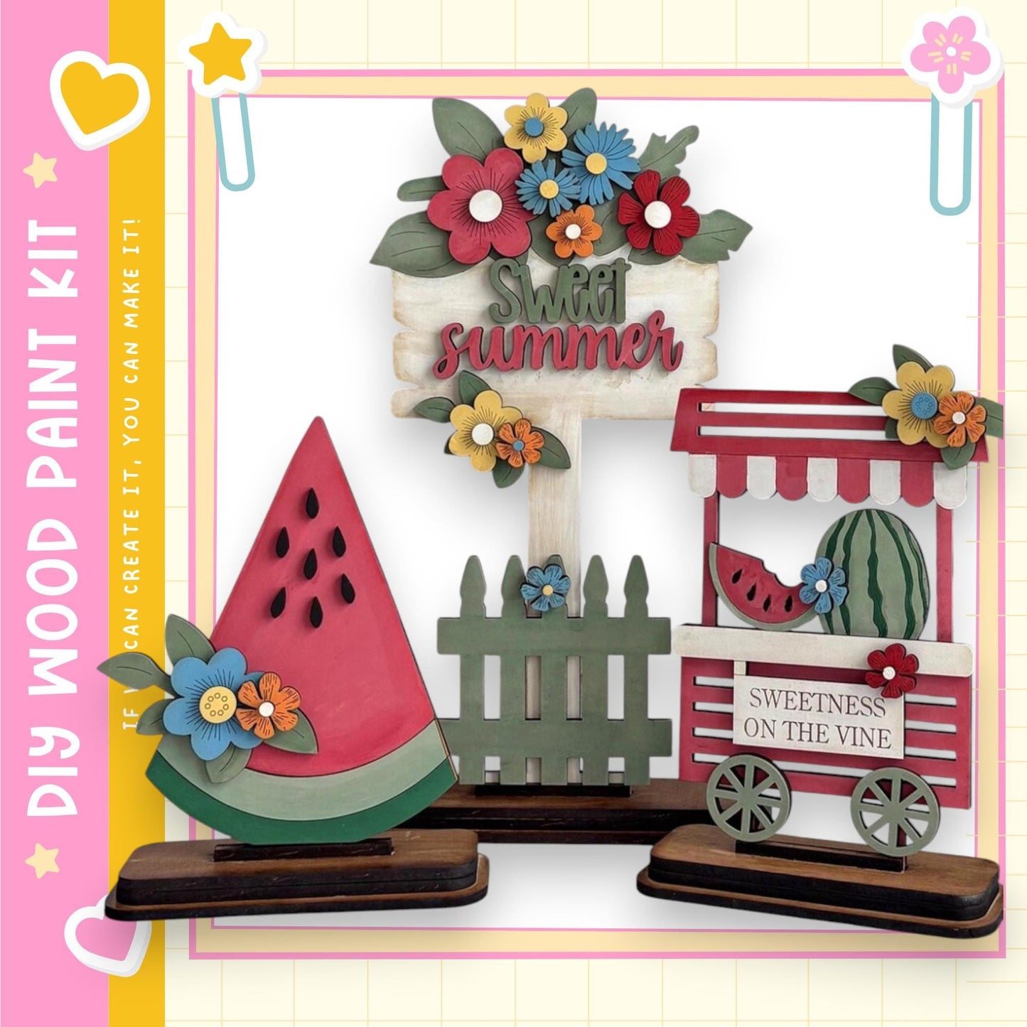 a wooden paint kit with various decorative elements, including a watermelon, flowers, and a sign that says "Sweet summer".