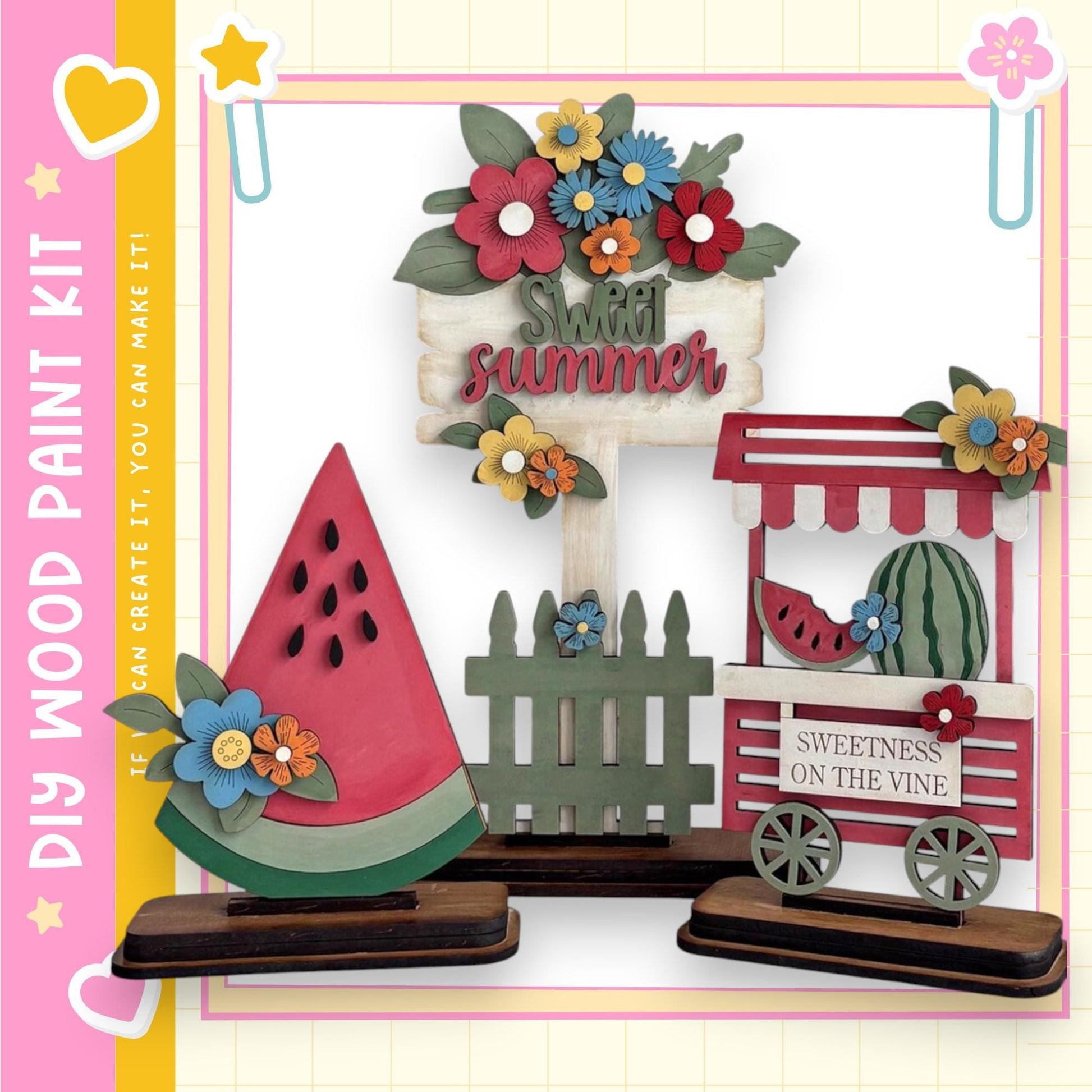 a wooden paint kit with various decorative elements, including a watermelon, flowers, and a sign that says "Sweet summer".