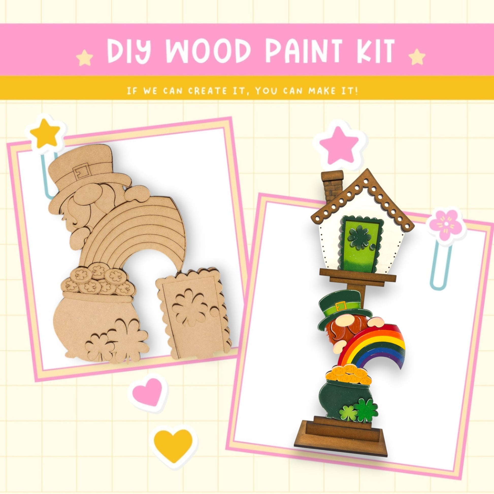 a wooden craft kit with a rainbow and a bear