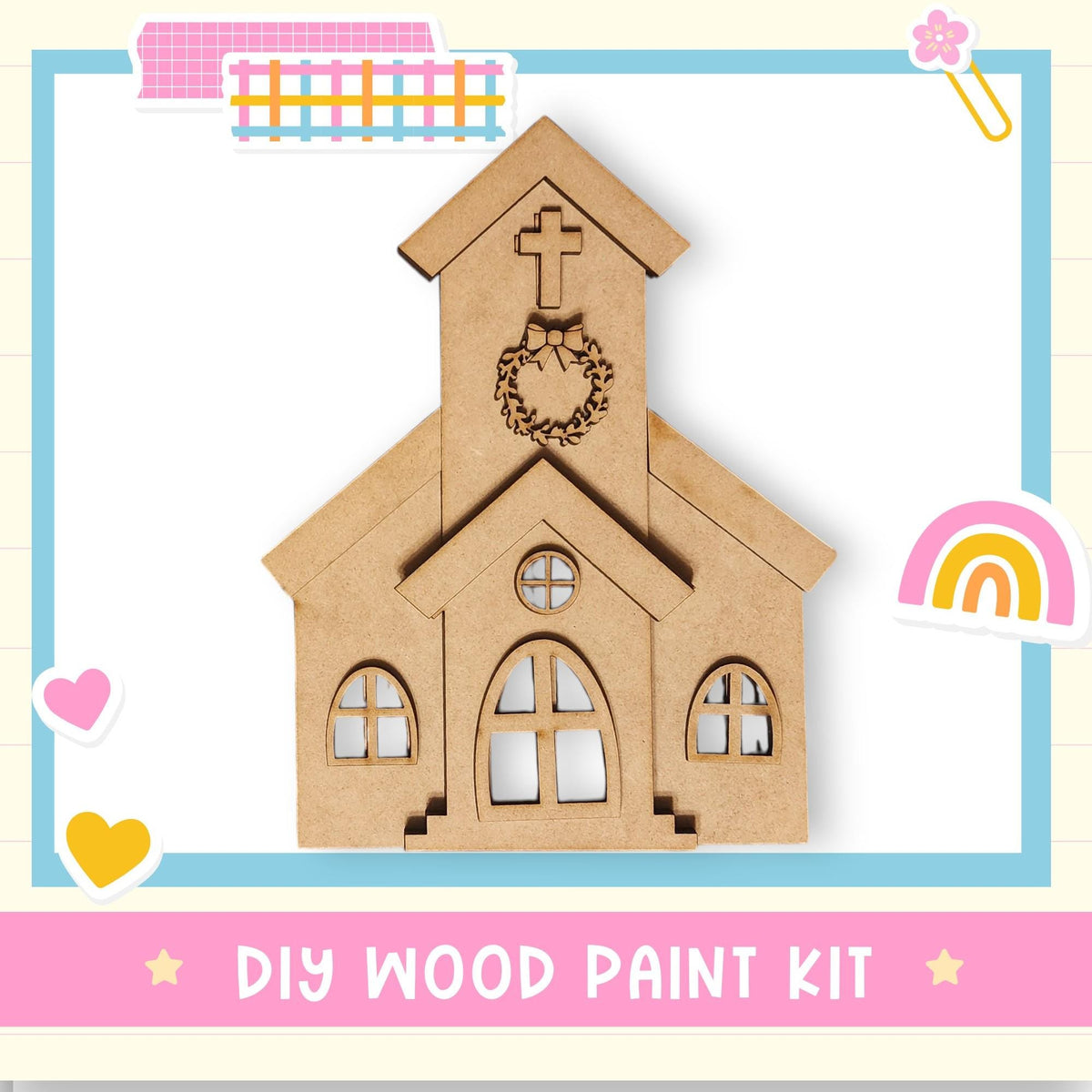 a DIY wood paint kit for creating a wooden church-like structure, with a heart and a rainbow-colored sticker on the right side.