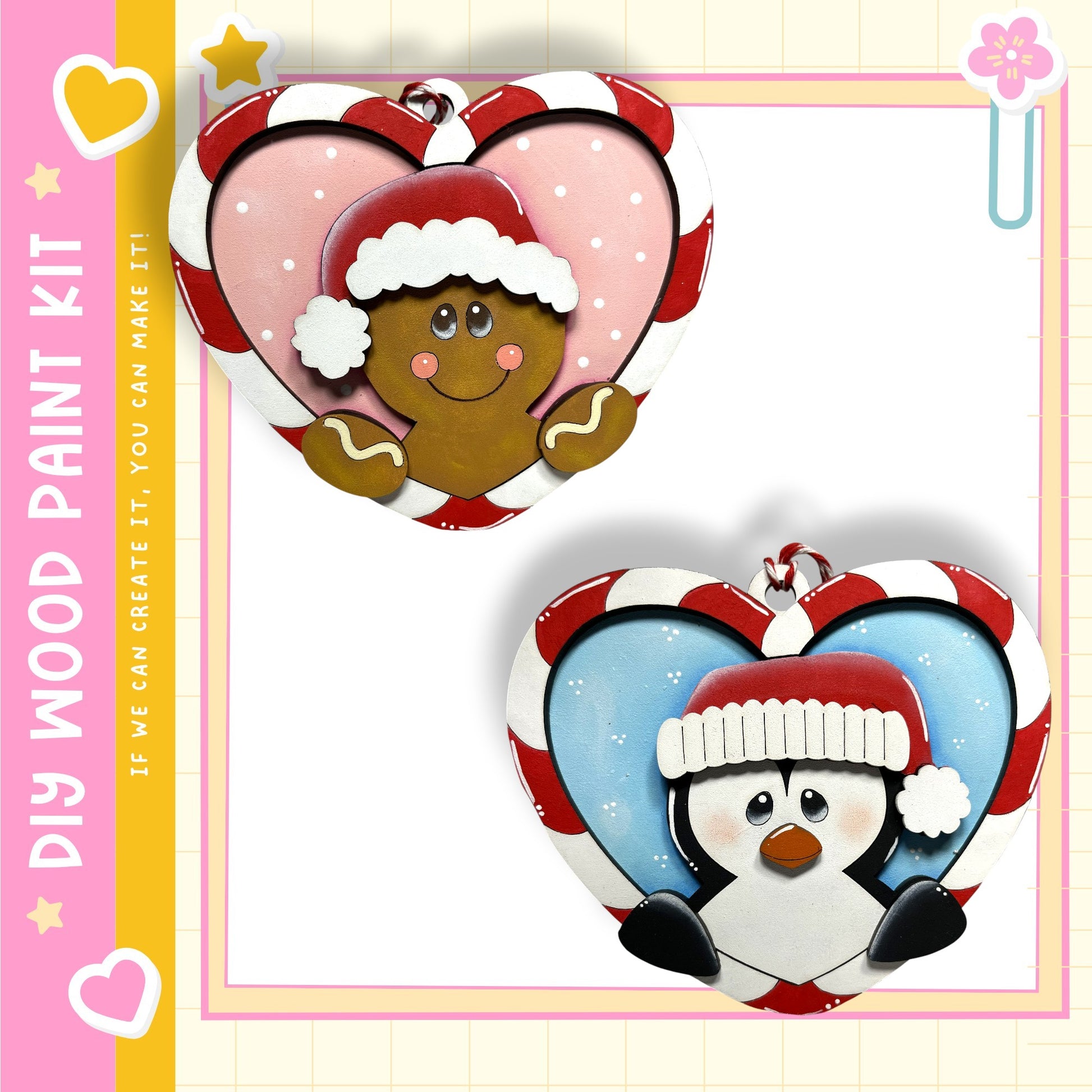 two heart-shaped ornaments, one with a gingerbread man and the other with a penguin, both decorated with snowflakes and wearing festive hats.