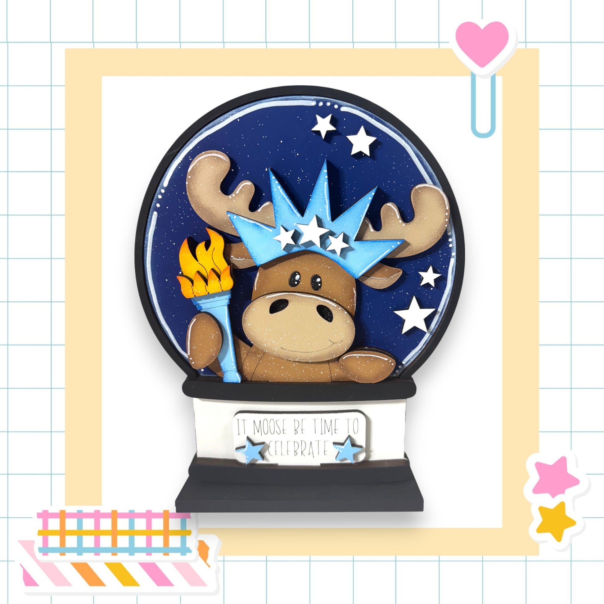 A snow globe containing a moose wearing a crown and holding a torch, surrounded by stars and a heart.
