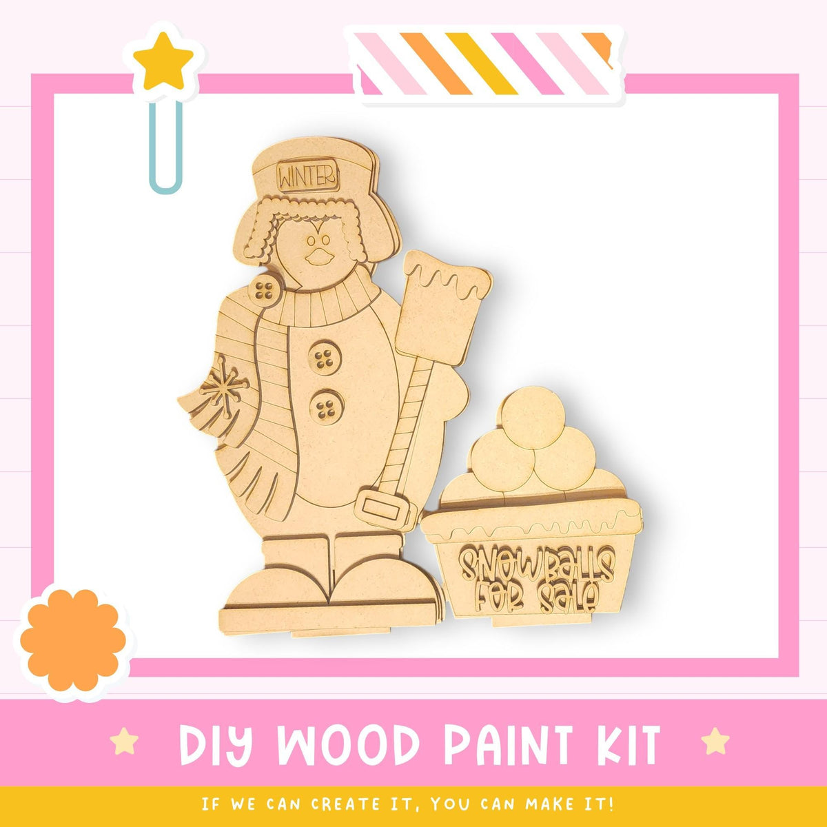 a DIY wood paint kit for creating a snowman, with a wooden snowman figure and a snowman figure in a basket.