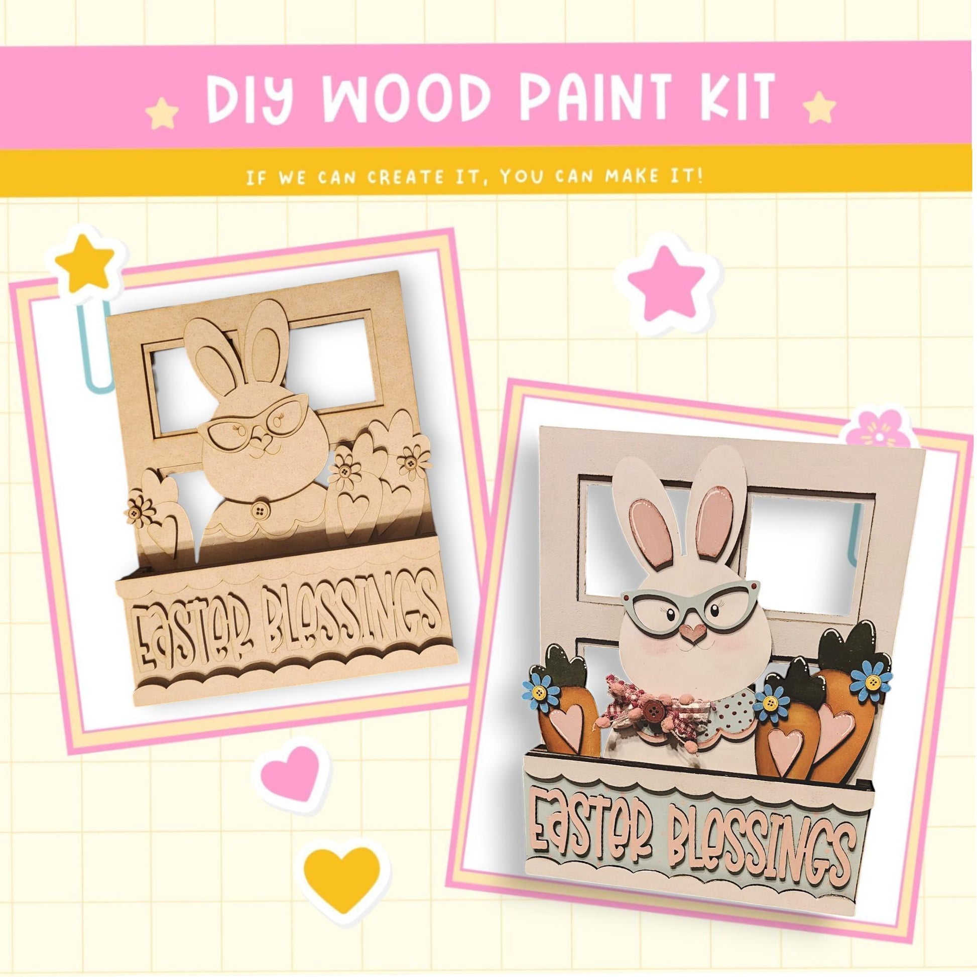 a couple of pictures of a wooden bunny