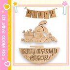 a wooden Easter-themed decoration kit, including a wooden bunny, a wooden banner, and a wooden sign.