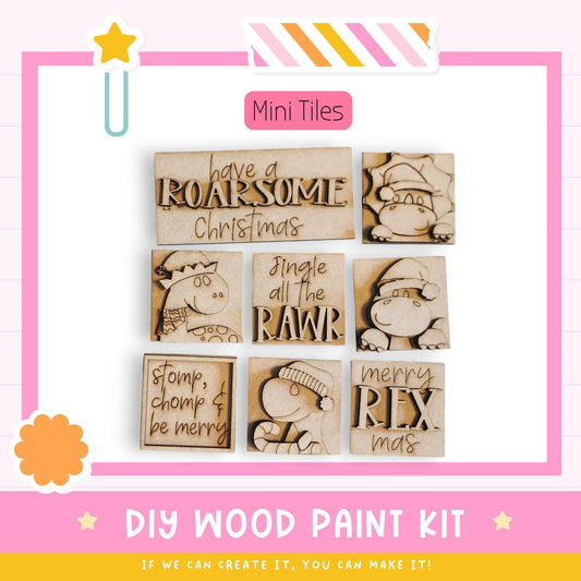The image is a promotional poster for a DIY wood paint kit, featuring various wooden shapes with text and illustrations.