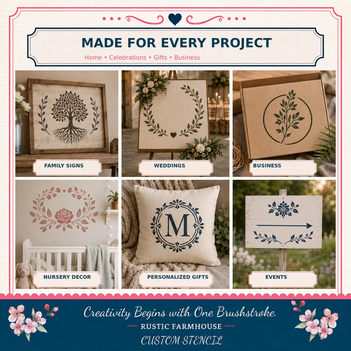 The image is a collage of six different images, each depicting various home, celebrations, gifts, and business projects. The images include a framed tree design, a wreath, a wedding sign, a pillow with a monogram, a nursery decoration, and a personalized gift. The collage is titled "Made for Every Project" and features the text "Creativity Begins with One Brushstroke. Rustic Farmhouse - Custom Stencilz".