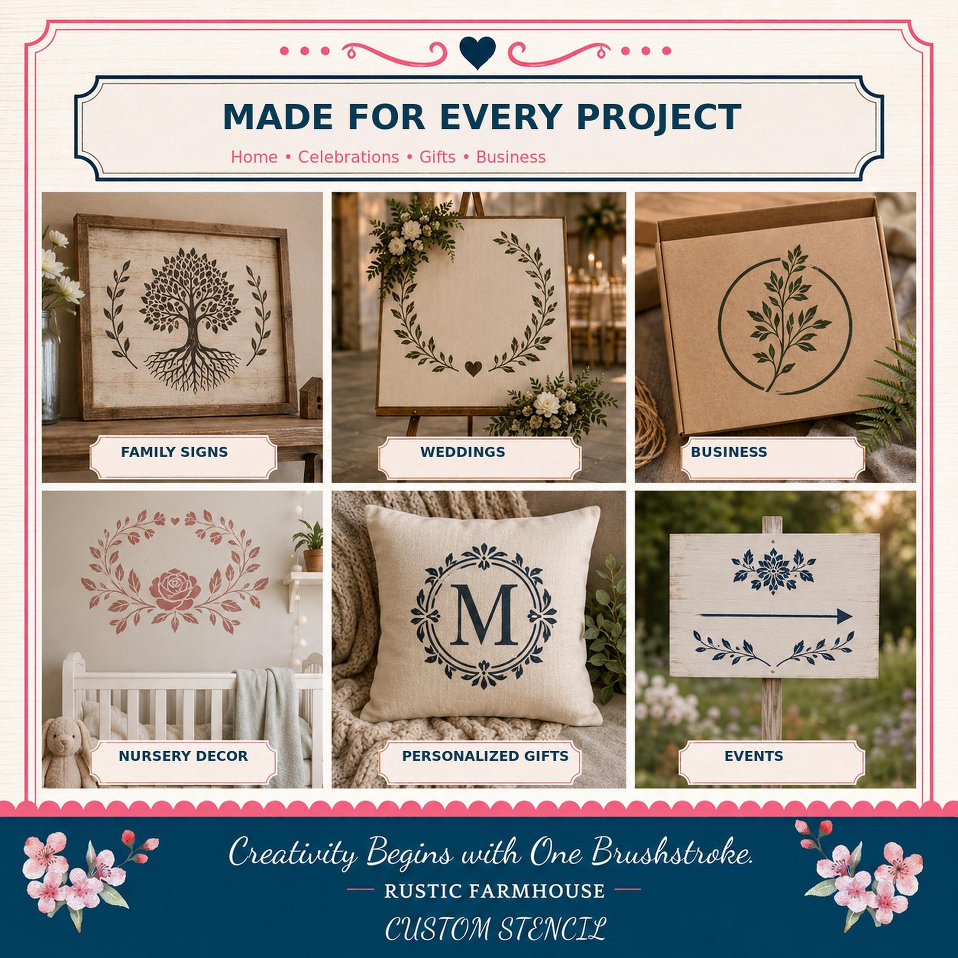 The image is a collage of six different images, each depicting various home, celebrations, gifts, and business projects. The images include a framed tree design, a wreath, a wedding sign, a pillow with a monogram, a nursery decoration, and a personalized gift. The collage is titled "Made for Every Project" and features the text "Creativity Begins with One Brushstroke. Rustic Farmhouse - Custom Stencilz".