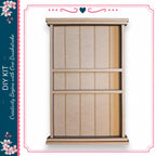 a wooden shelf or cabinet with vertical slats, likely intended for storage or display purposes.