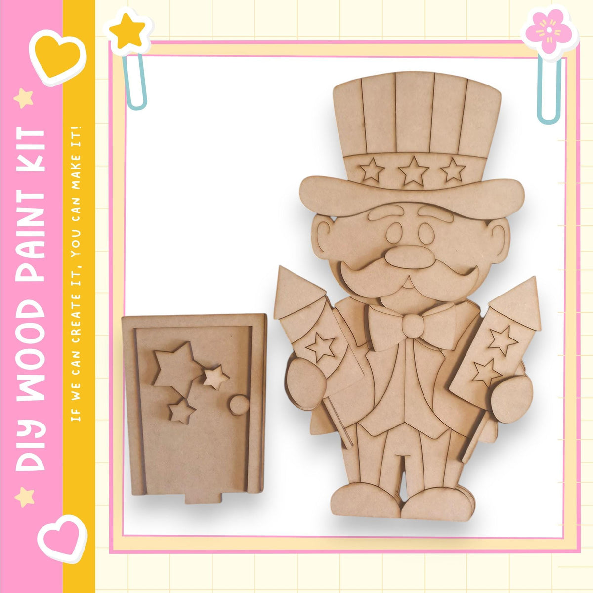 a wooden toy figure of a man wearing a top hat and holding fireworks, set against a pink and yellow background with decorative elements.