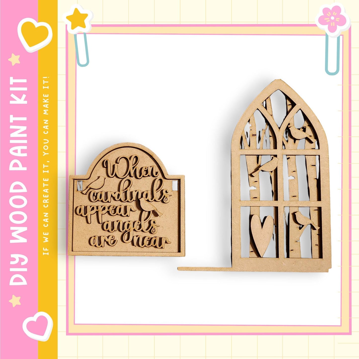 a wooden cutout of a bird and a wooden cutout of a window, both of which appear to be part of a larger wooden craft kit.