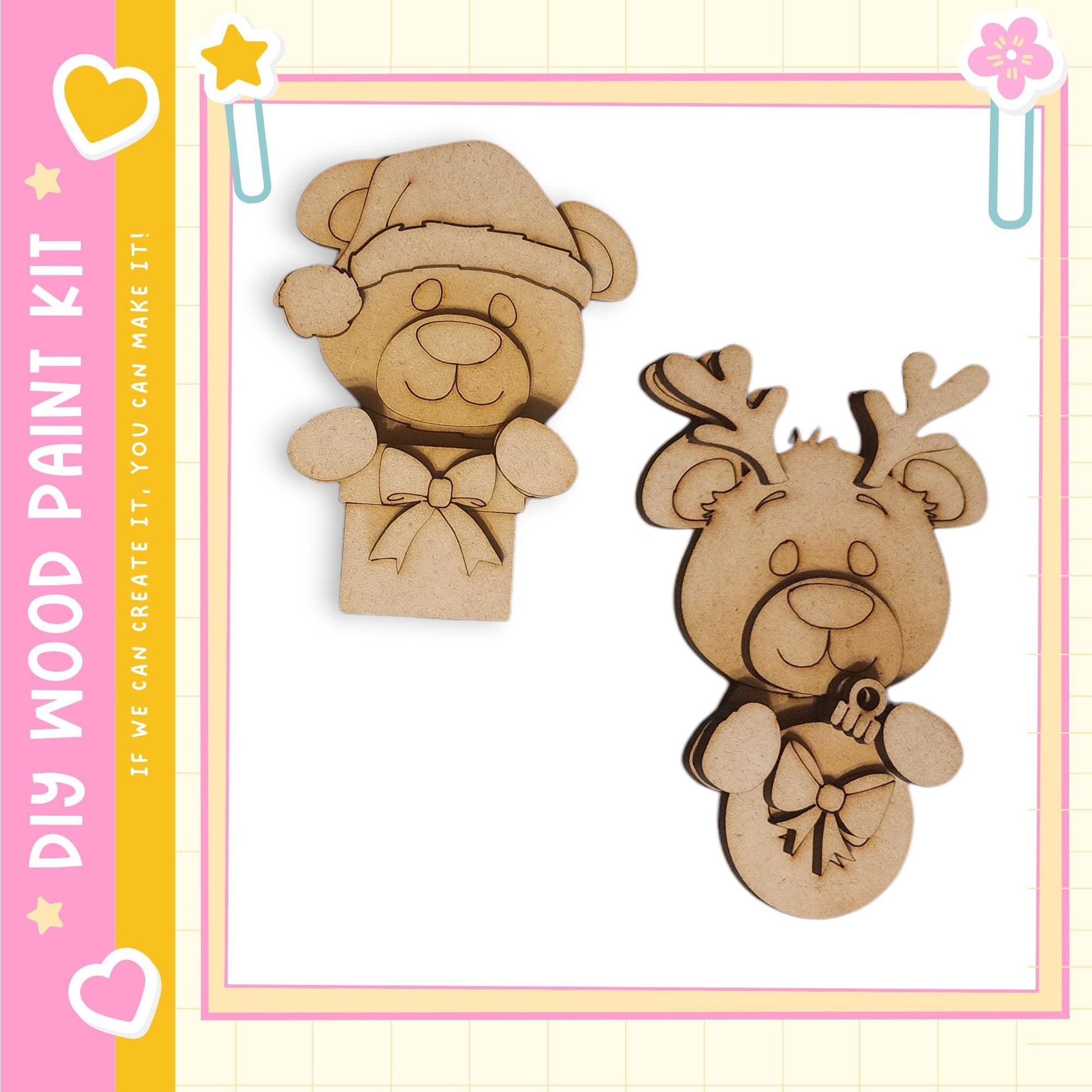 two wooden cutouts of bears, one wearing a hat and the other with antlers, displayed against a pink and yellow background.