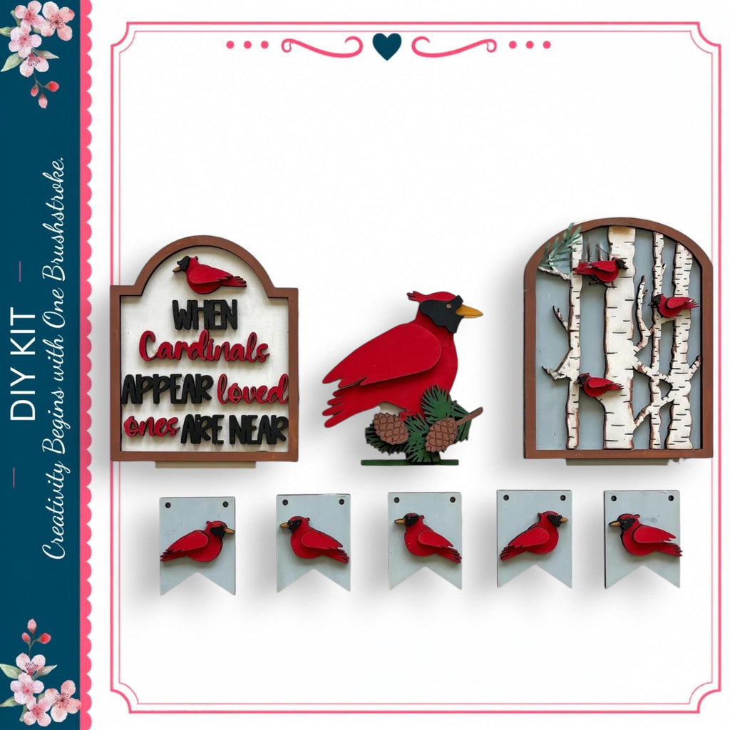 various bird-themed decorations, including a sign that says "When Cardinals Appear Loved Ones Are Near", a wooden bird figure, and several small bird cutouts. The decorations are arranged in a visually appealing manner, showcasing the creativity and craftsmanship involved in their design.