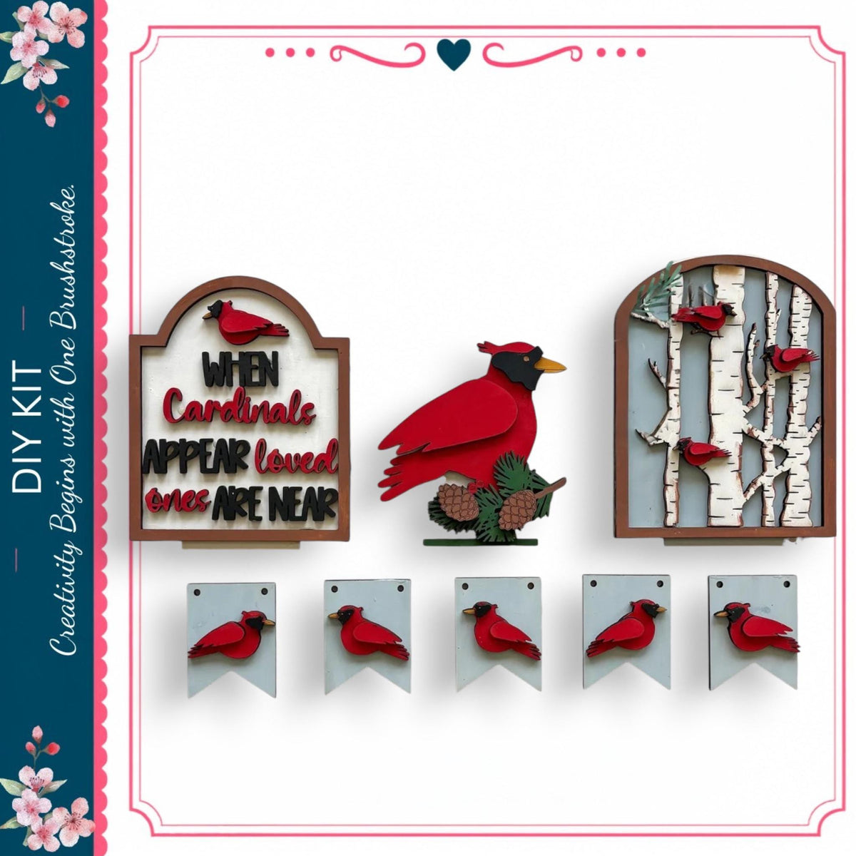 various bird-themed decorations, including a sign that says "When Cardinals Appear Loved Ones Are Near", a wooden bird figure, and several small bird cutouts. The decorations are arranged in a visually appealing manner, showcasing the creativity and craftsmanship involved in their design.